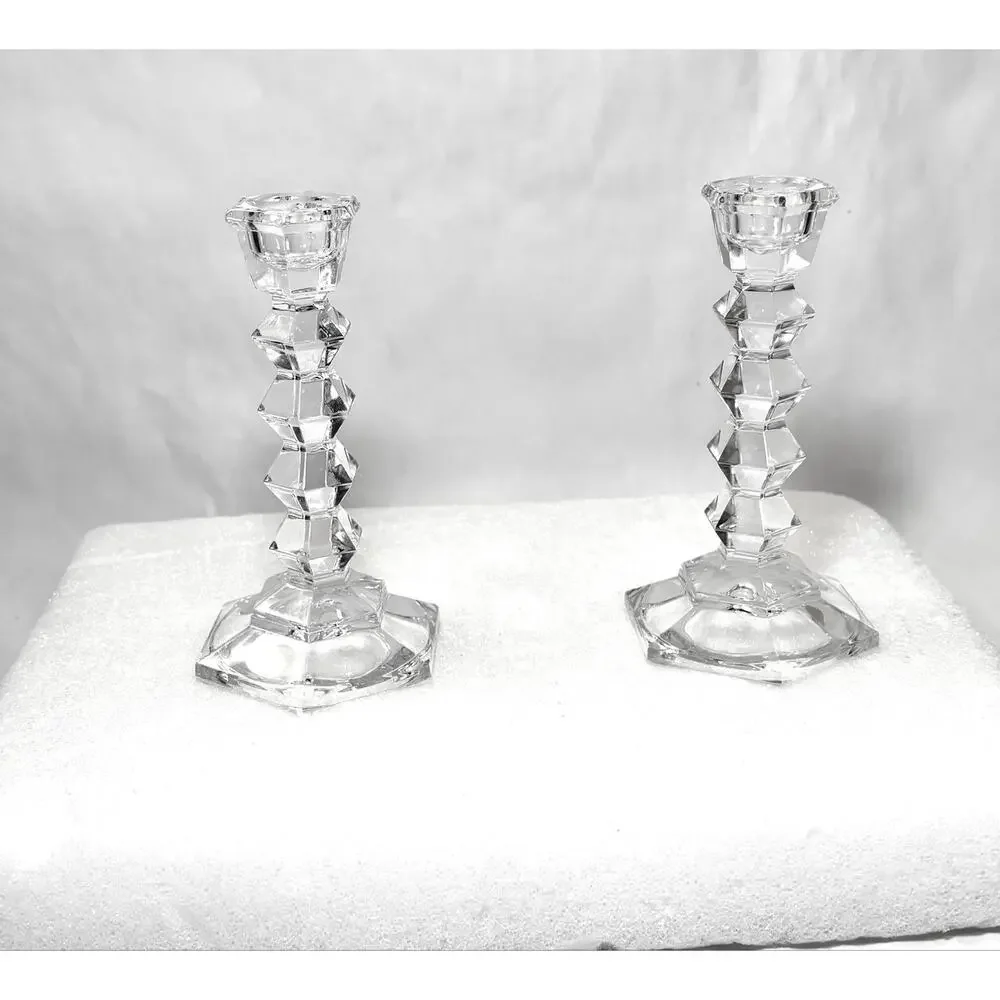 Vintage Faceted Crystal Clear Glass Candlestick Candle Holder Pair Centerpiece